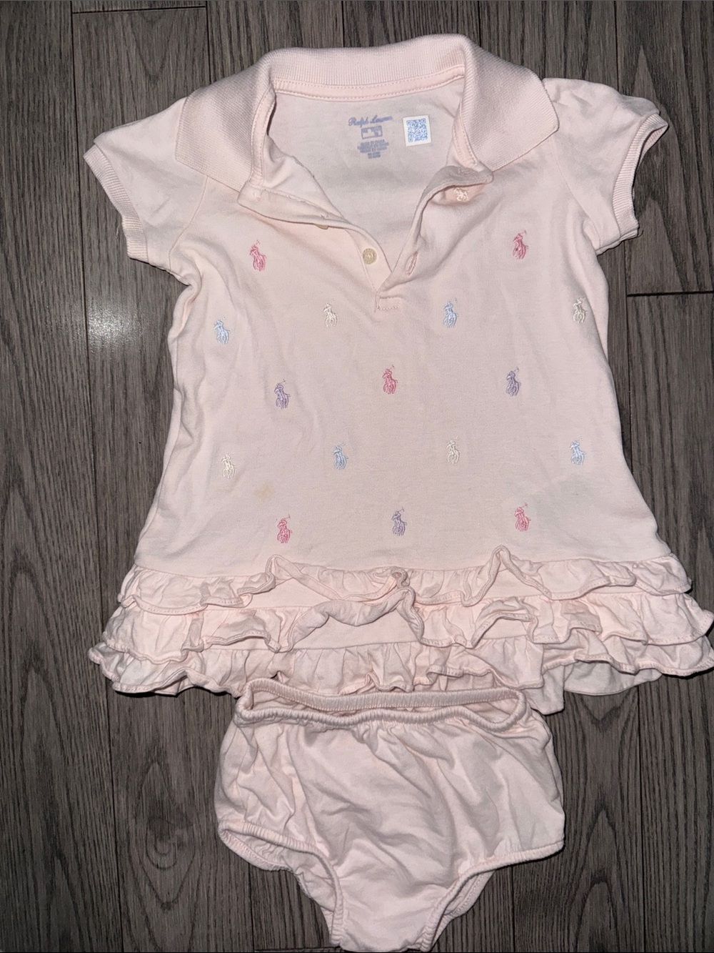 Ralph Lauren Light Pink Polo Ruffle Pajama Set with Multicolor Pony Embroidery